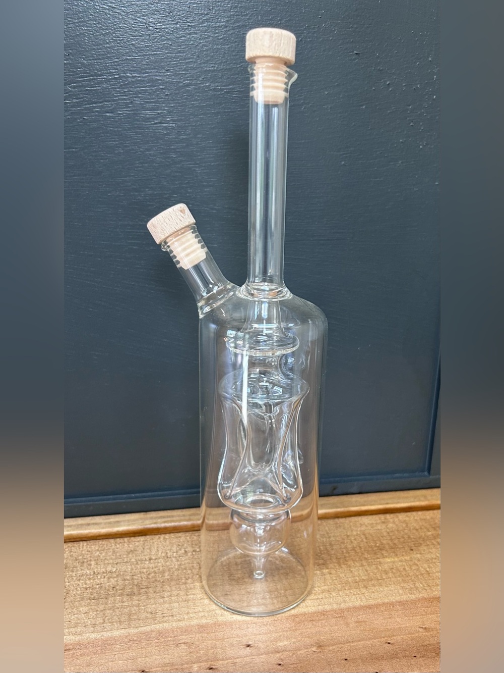 Hand Blown Clear Glass Oil and Vinegar Bottle with Cork Stopper -Dual Pour Spout
